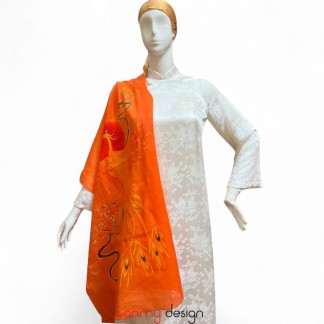Dark orange ramie scarf hand-painted with phoenix 70*190cm